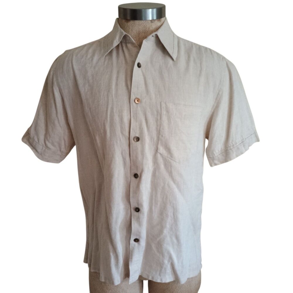 Vintage Axis Shirt Mens Sz M Beige Linen Casual Short Sleeve Button Up 90s